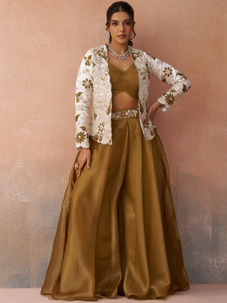Golden Mustard Co-Ord Set with White Embroidered Jacket