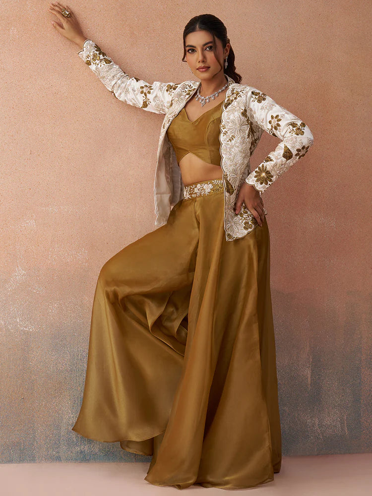 Golden Mustard Co-Ord Set with White Embroidered Jacket