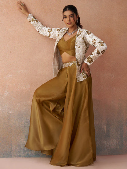 Golden Mustard Co-Ord Set with White Embroidered Jacket