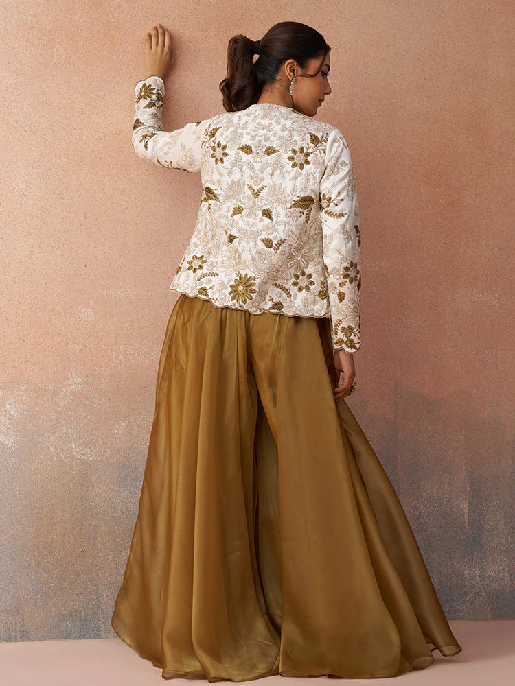 Golden Mustard Co-Ord Set with White Embroidered Jacket