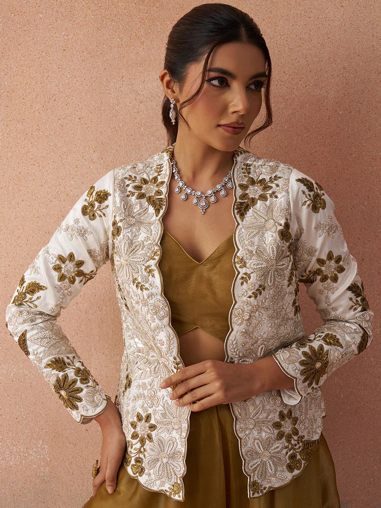 Golden Mustard Co-Ord Set with White Embroidered Jacket