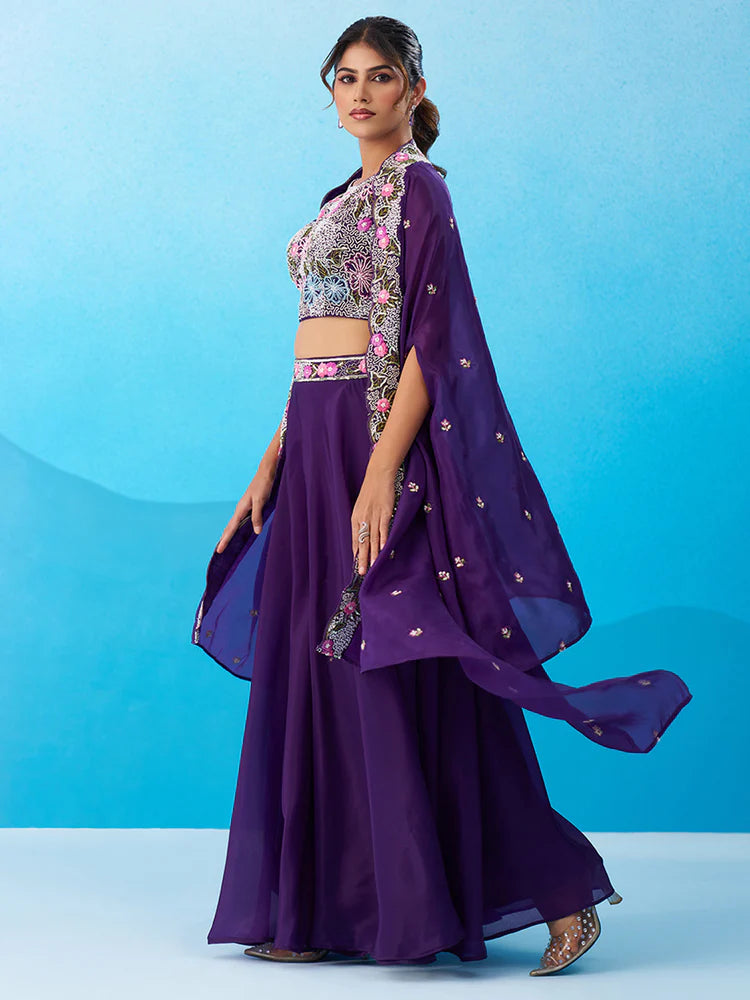 Purple Crepe Co-Ord Set with Embroidered Crop Top 
