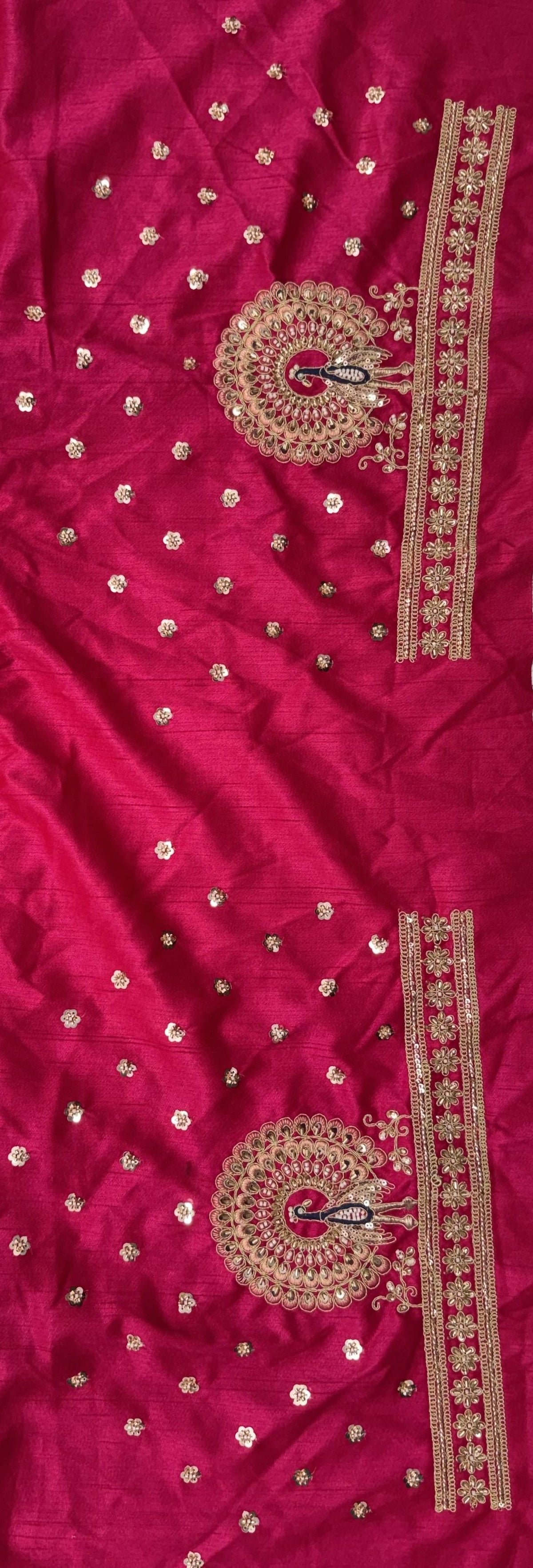 Red Pure Premium Gharwal Siik Peacock &amp; Giraffe Thread &amp; Zari Handwork Crystal Motif 
Sequins Work Bridal Lehenga Choli