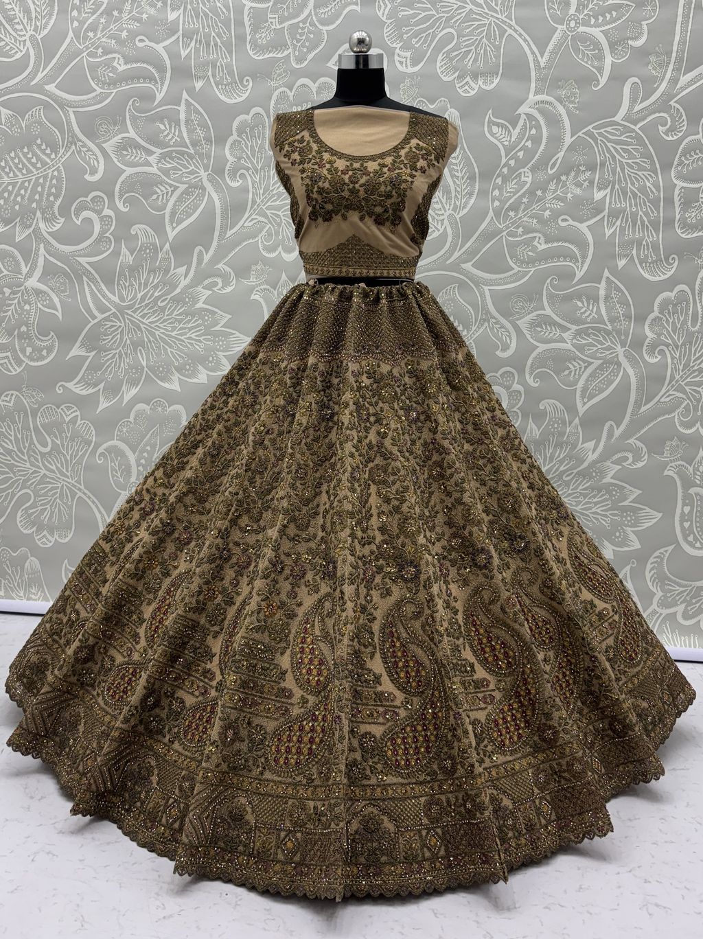 Beige Pure Soft Heavy Net Sequins Embroidery Work Bridal Lehenga 