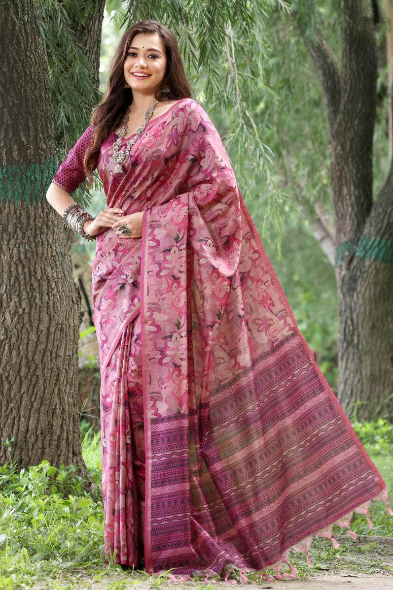 Pink Pure Soft Tussar Silk Saree