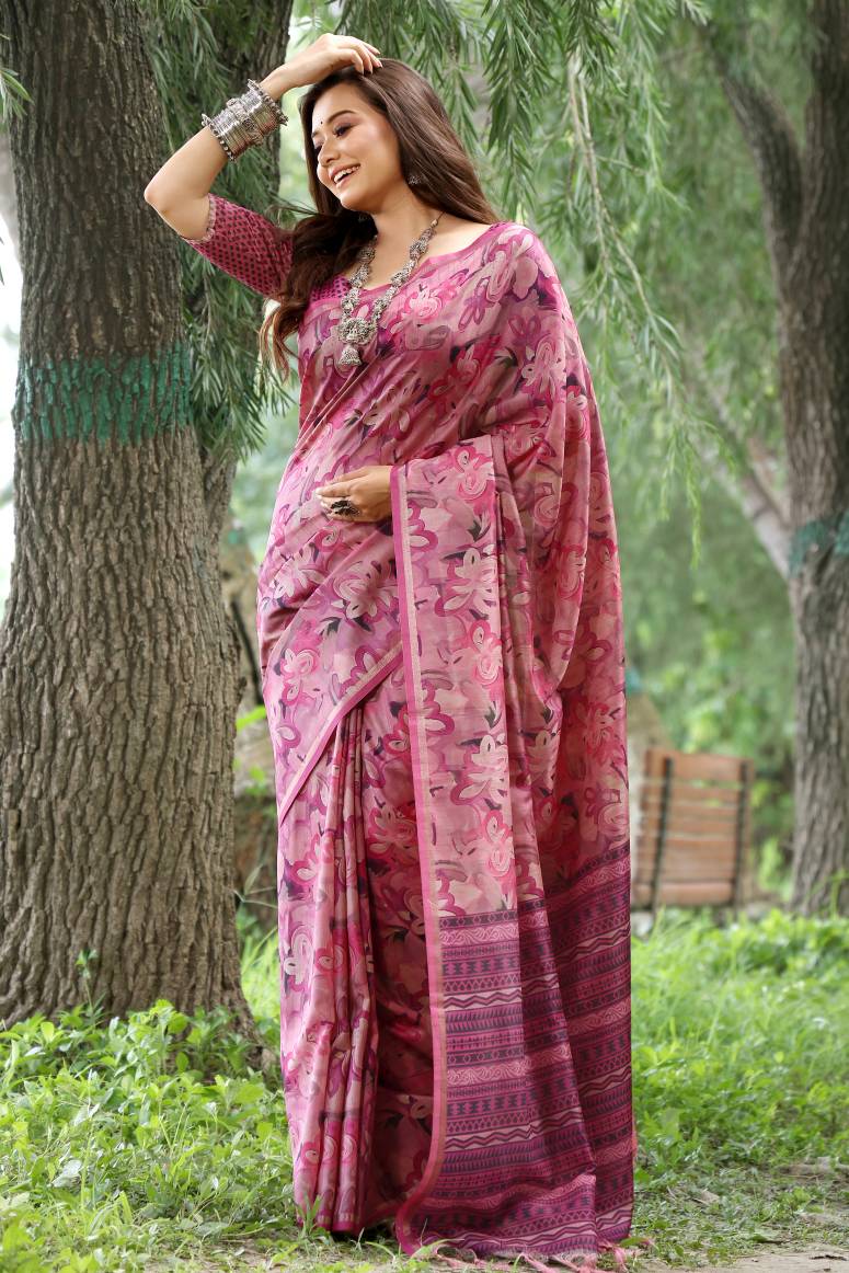 Pink Pure Soft Tussar Silk Saree