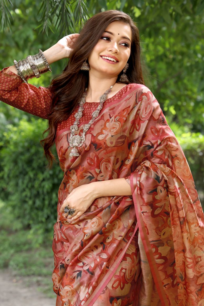 Peach Pure Soft Tussar Silk Saree