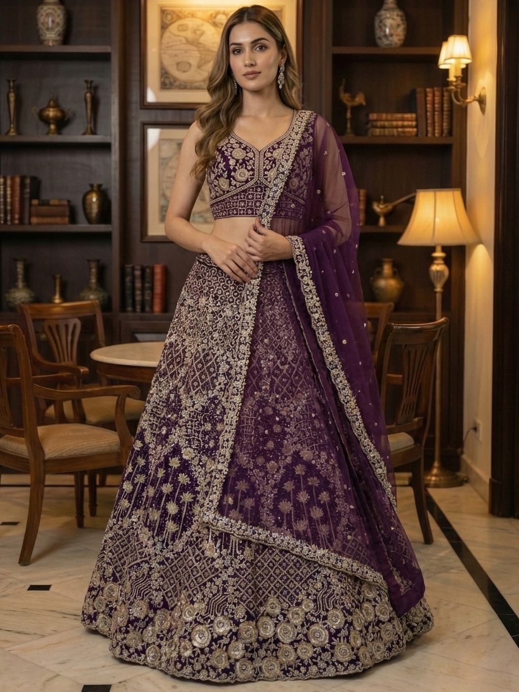 Indigo Pure Soft Net Heavy Embroidery Work Bridal Lehenga
