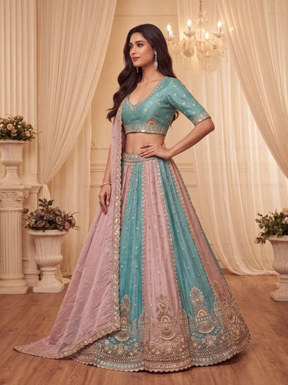 Multi Pure Soft Satin Silk Heavy Beads Motif Zari Embroidery Sequins Work Bridal Lehenga Choli