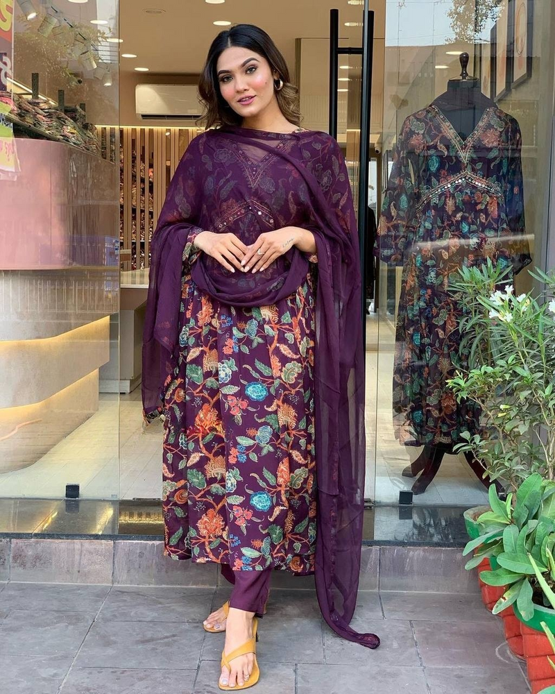 Purple Floral Georgette Anarkali Kurti with Chinnon Dupatta