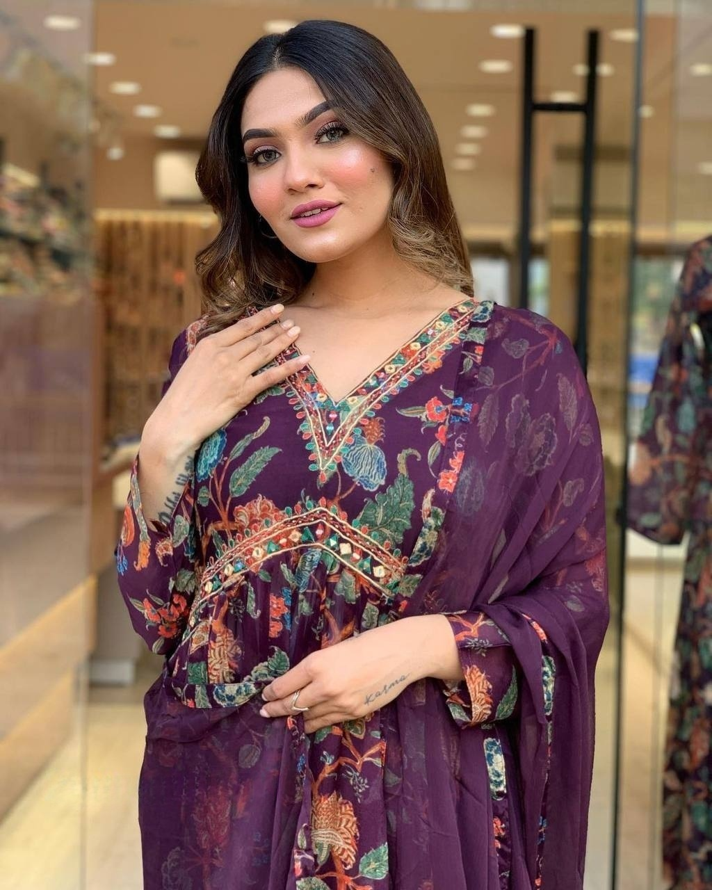 Purple Floral Georgette Anarkali Kurti with Chinnon Dupatta