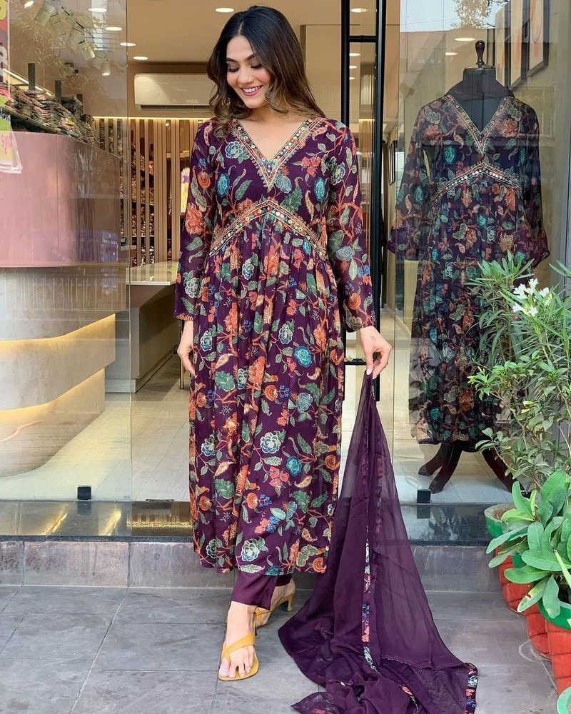 Purple Floral Georgette Anarkali Kurti with Chinnon Dupatta