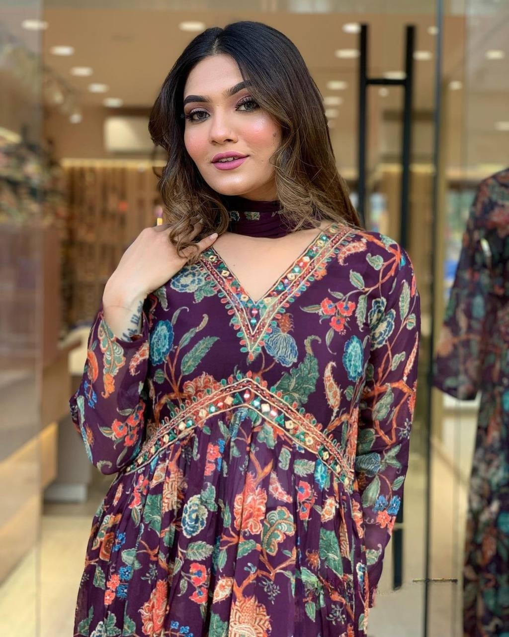 Purple Floral Georgette Anarkali Kurti with Chinnon Dupatta