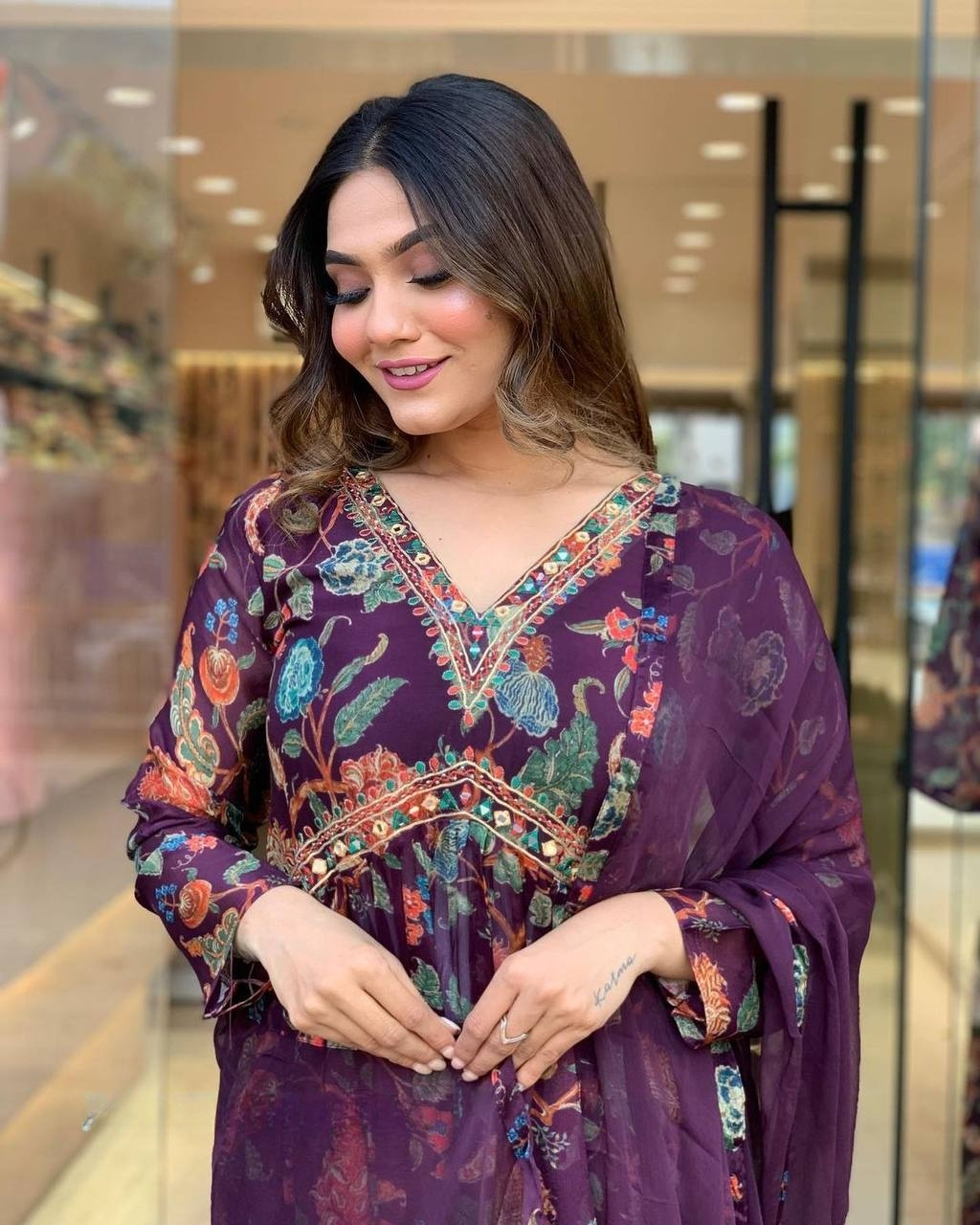 Purple Floral Georgette Anarkali Kurti with Chinnon Dupatta