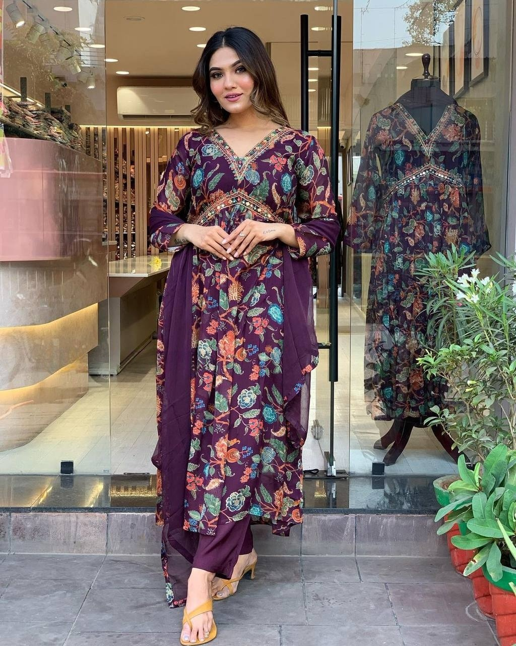 Purple Floral Georgette Anarkali Kurti with Chinnon Dupatta