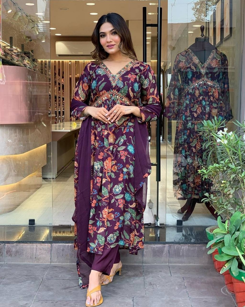 Purple Floral Georgette Anarkali Kurti with Chinnon Dupatta