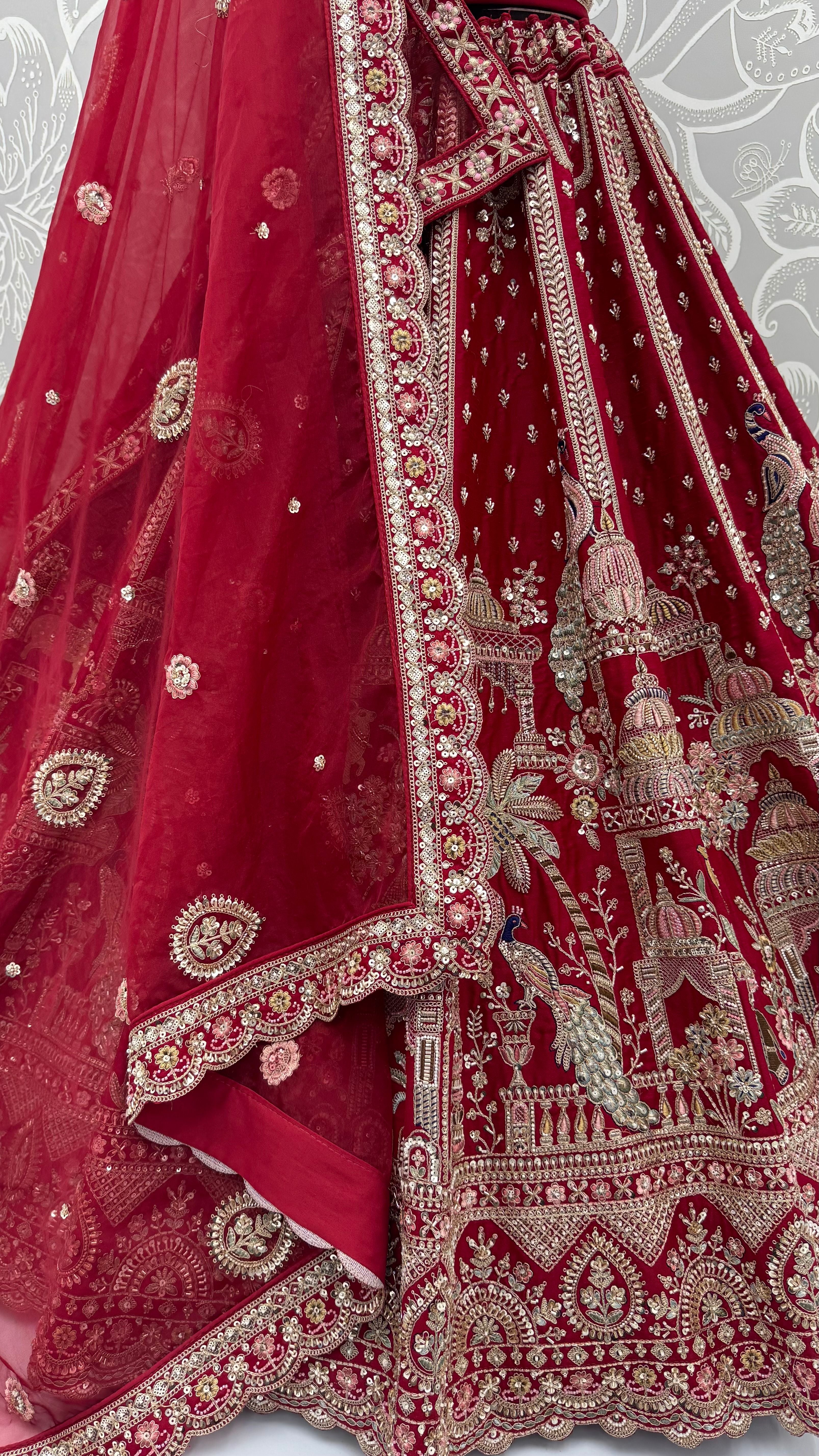 Red Pure Soft Multi Color Motif Multi thread Embroidery Sequins Work Bridal Lehenga Choli