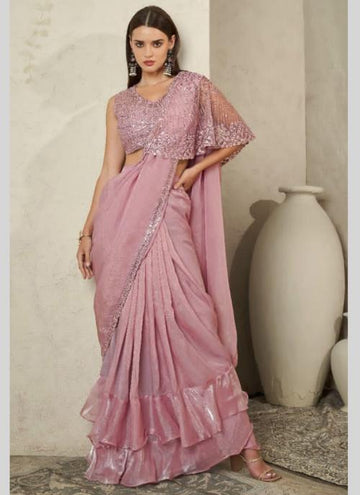 Beautiful Designer Party Wear Baby Pink Imported Satin Silk Saree