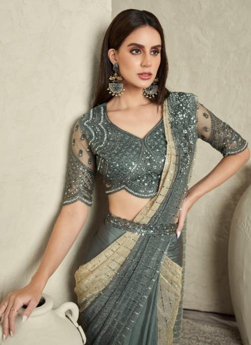 Beautiful Designer Party Wear Grey Imported Sartin Silk Saree