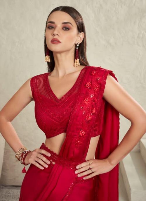Beautiful Designer Party Wear Red Imported Sartin Silk Saree