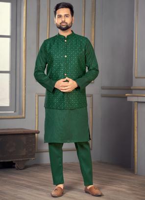Party Wear Banglori Silk Green Kurta Pajama With Koti Jacket