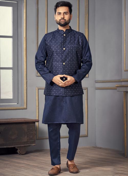 Party Wear Sequins Work Banglori Silk Navy Blue Kurta Pajama with Koti Jacket