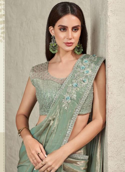 Beautiful Designer Party Wear Sky Imported Sartin Silk Saree