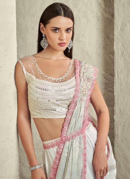 Beautiful Designer Party Wear White Imported Sartin Silk Saree