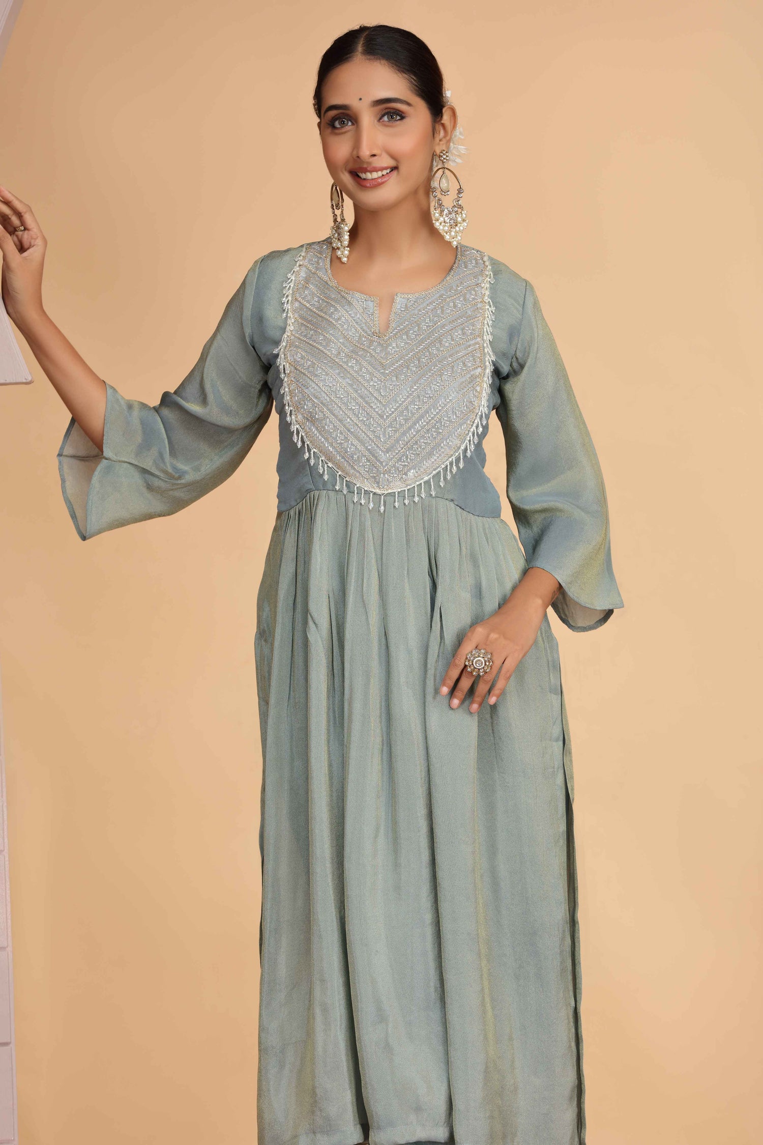 Firozi Shimmer Organza Pleated A-Line Kurta Pant Set Kurta Set Anant Tex Exports Pvt.Ltd..