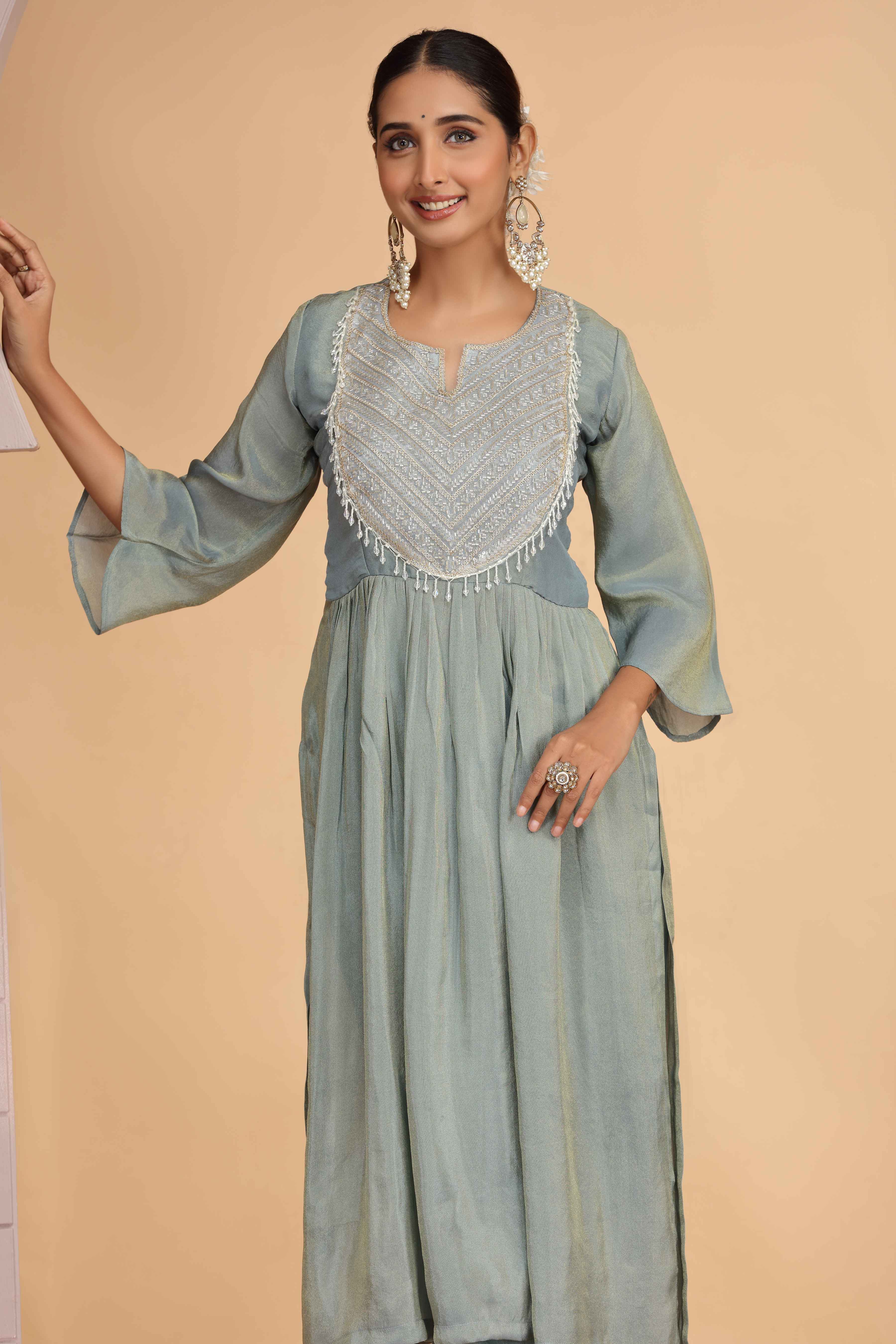 Firozi Shimmer Organza Pleated A-Line Kurta Pant Set Kurta Set Anant Tex Exports Pvt.Ltd..