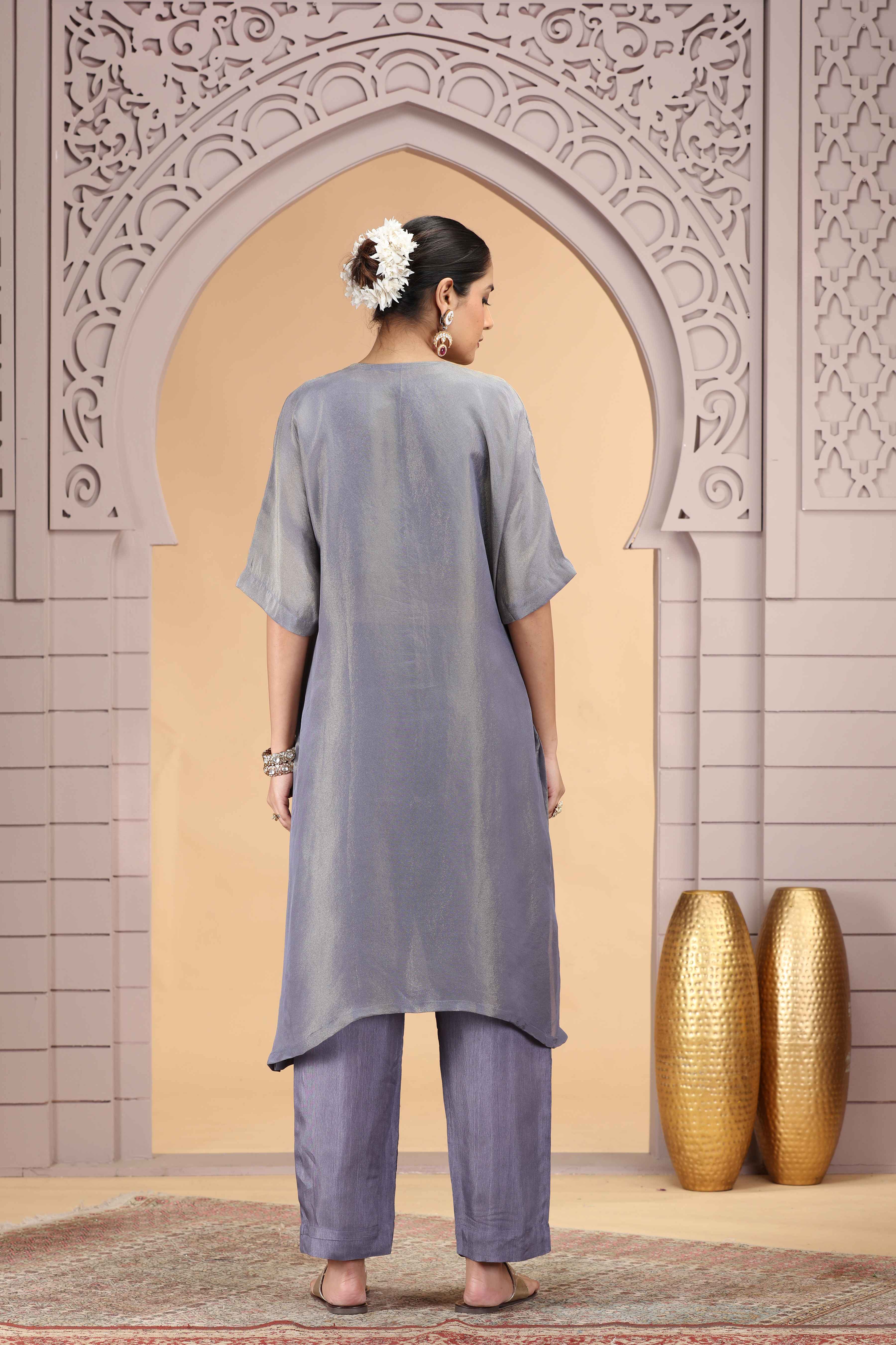 Grey Organza Shimmer A-Line Kurta with Loose Pant Set