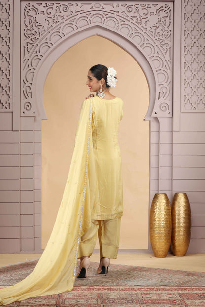 Yellow Satin Silk Straight Suit with Farsi Pant &amp; Chiffon Dupatta Straight Suit Anant Tex Exports Pvt.Ltd..