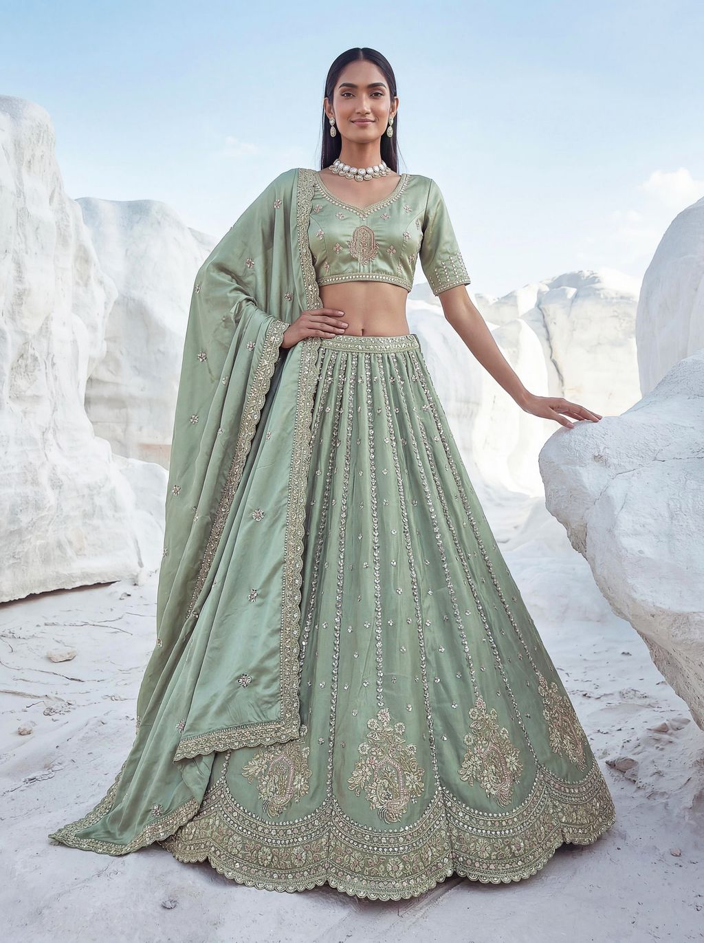 Pista Pure Soft Silk Heavy Sequins Embellishment Work Bridal Lehenga Choli 
