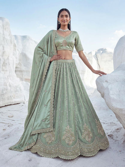 Pista Pure Soft Silk Heavy Sequins Embellishment Work Bridal Lehenga Choli 