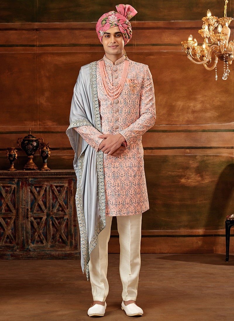 Peach and Grey Colour Designer Exclusive Wedding Wear Sherwani Suit D.No.1032 Anant Tex Exports Private Limited