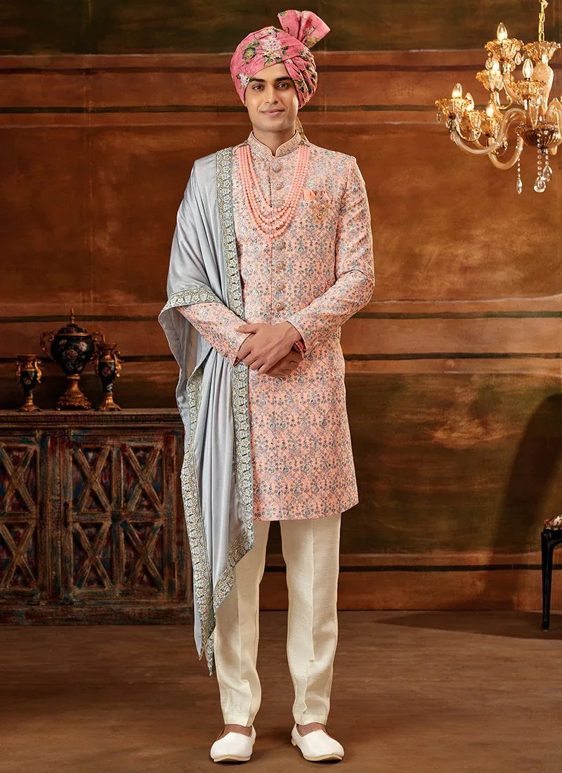 Peach and Grey Colour Designer Exclusive Wedding Wear Sherwani Suit D.No.1032 Anant Tex Exports Private Limited