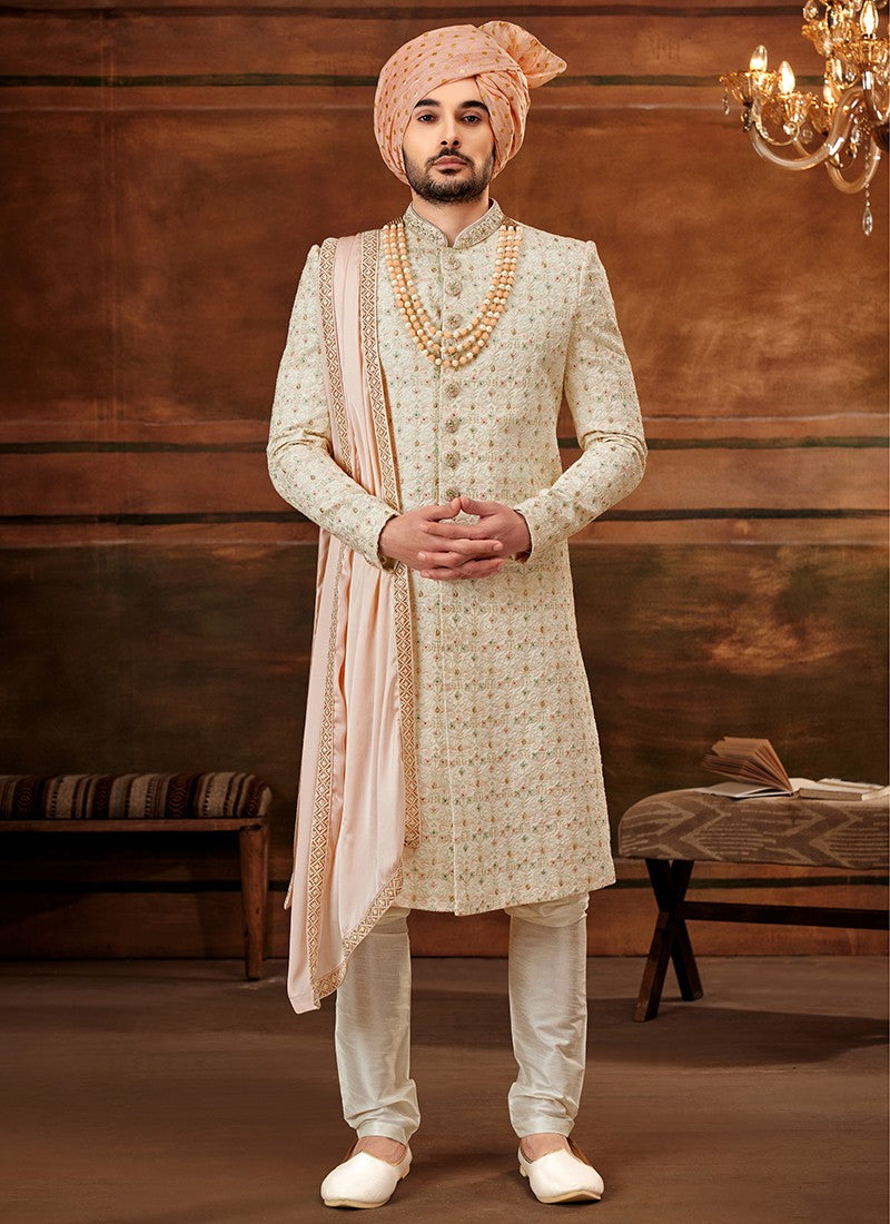Peach and White Colour Designer Exclusive Wedding Wear Sherwani Suit D.No.1022 Anant Tex Exports Private Limited