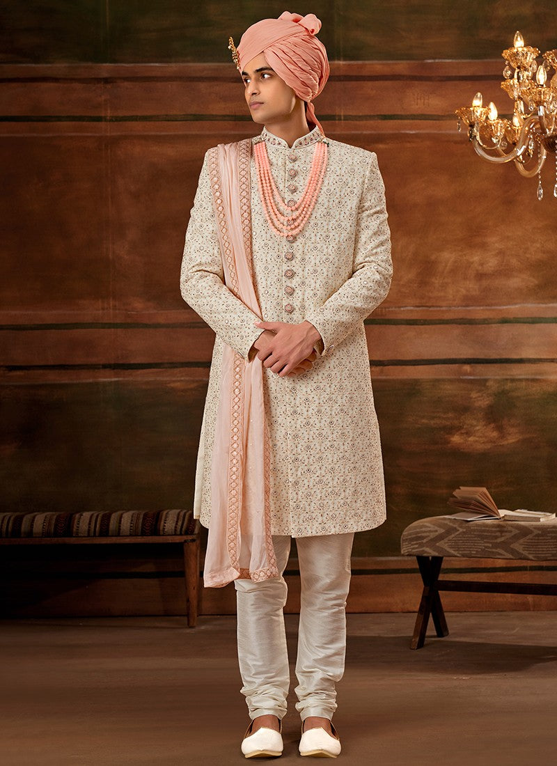 Peach and White Colour Designer Exclusive Wedding Wear Sherwani Suit D.No.1021 Anant Tex Exports Private Limited