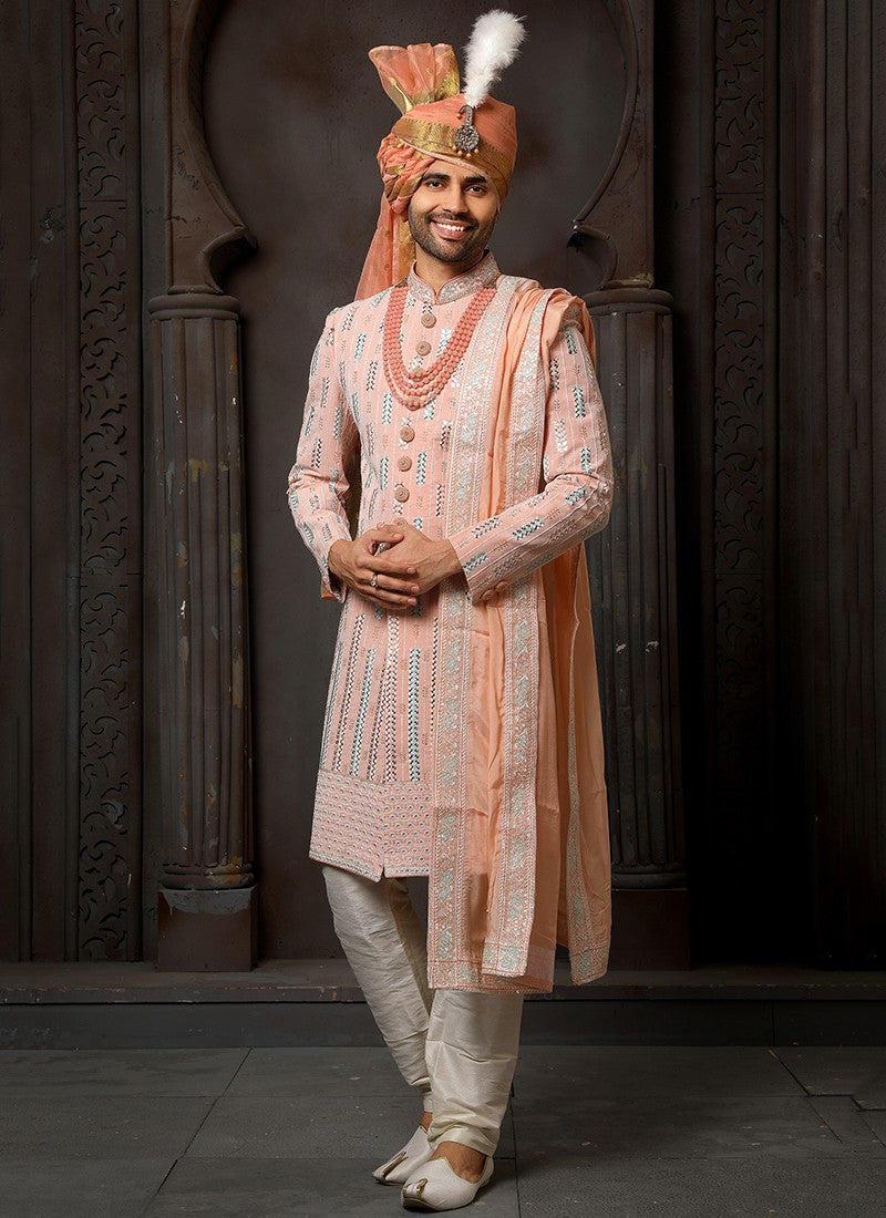 Peach Colour Wedding Wear Sherwani Suit D.No.1721 Anant Tex Exports Private Limited