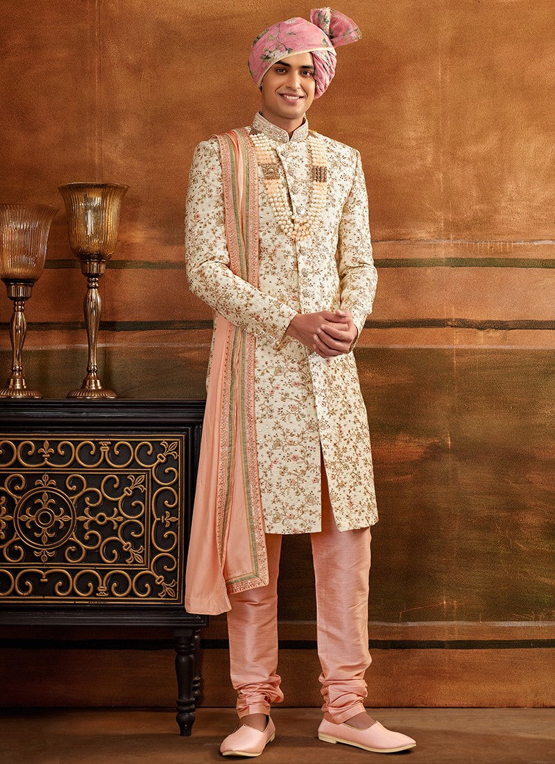 Peach Colour Designer Exclusive Wedding Wear Sherwani Suit D.No.1025 Anant Tex Exports Private Limited