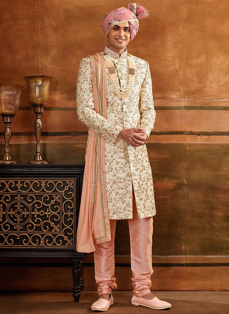 Peach Colour Designer Exclusive Wedding Wear Sherwani Suit D.No.1025 Anant Tex Exports Private Limited