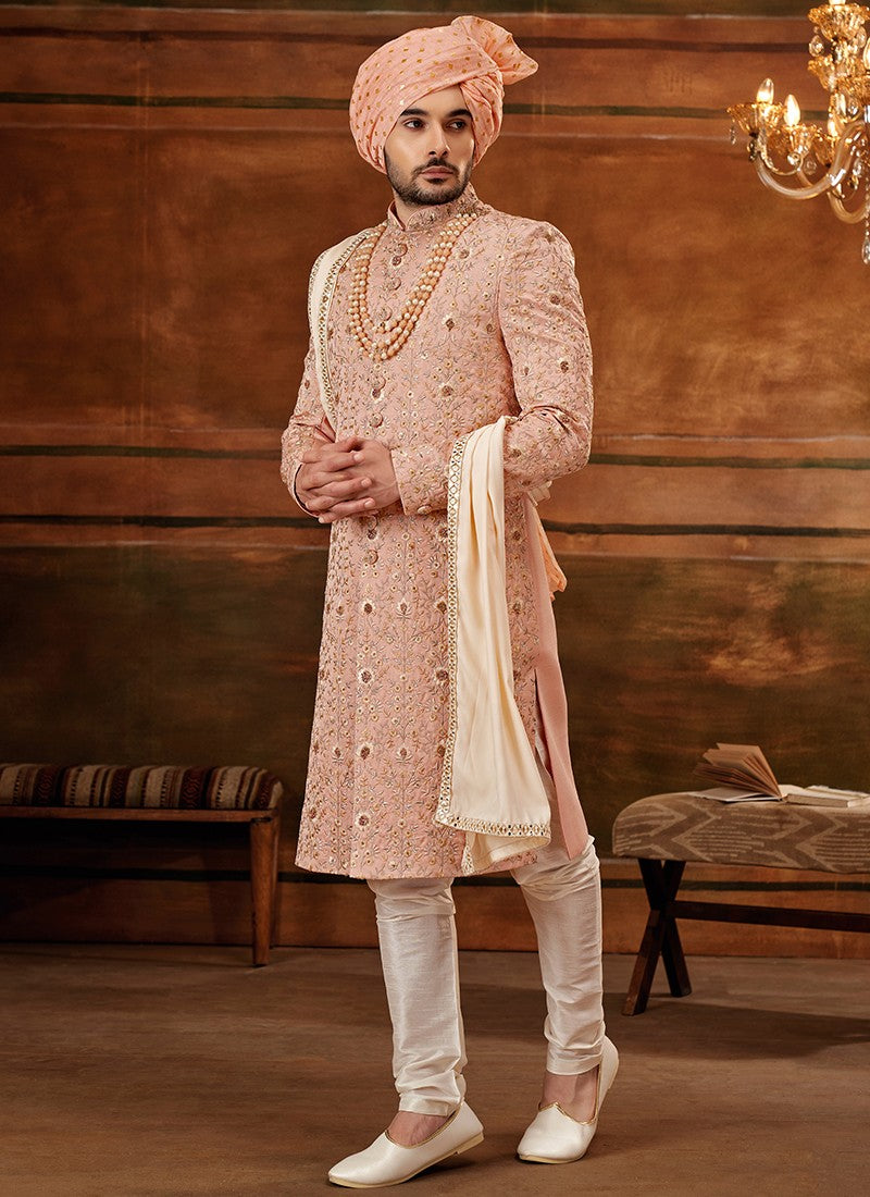 Peach Colour Designer Exclusive Wedding Wear Sherwani Suit D.No.1028 Anant Tex Exports Private Limited
