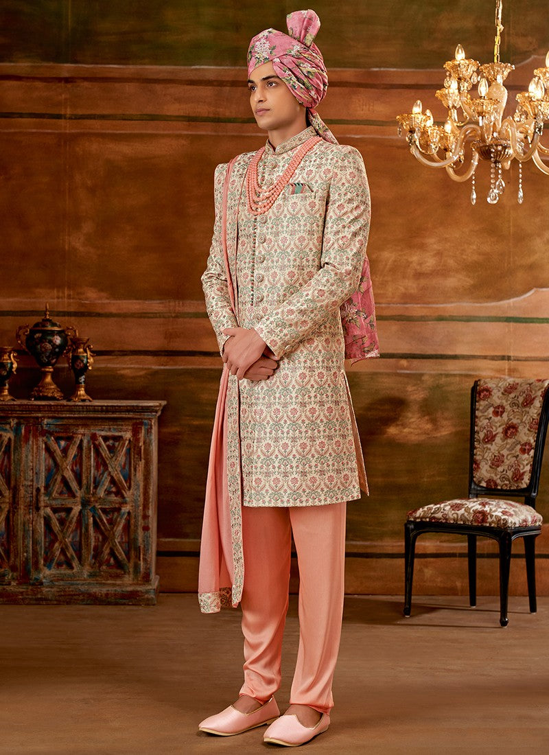 Peach Colour Designer Exclusive Wedding Wear Sherwani Suit D.No.1036 Anant Tex Exports Private Limited