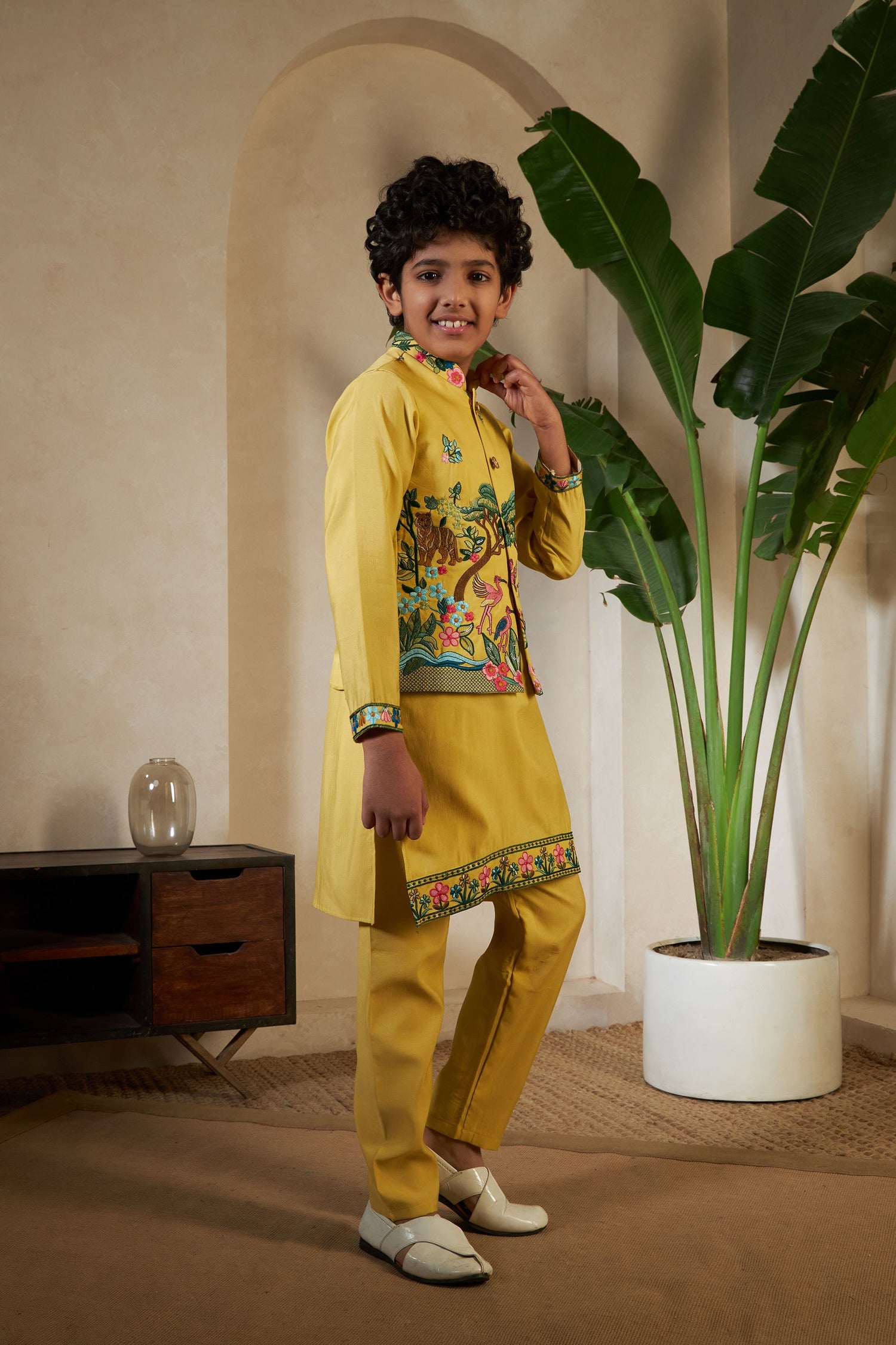 Yellow Pure Viscose Silk Silk Kids Boy Kurta Pajama With Koti Jacket 
