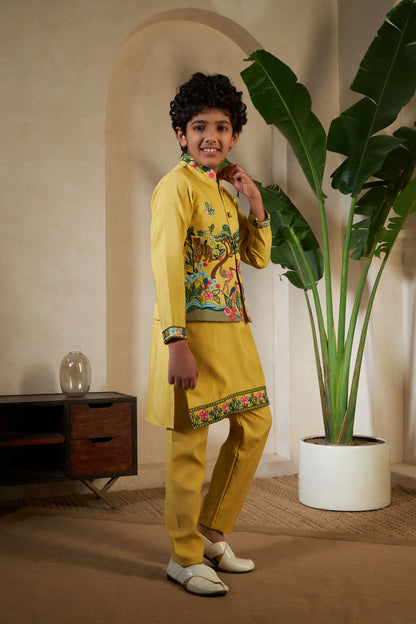 Yellow Pure Viscose Silk Silk Kids Boy Kurta Pajama With Koti Jacket 