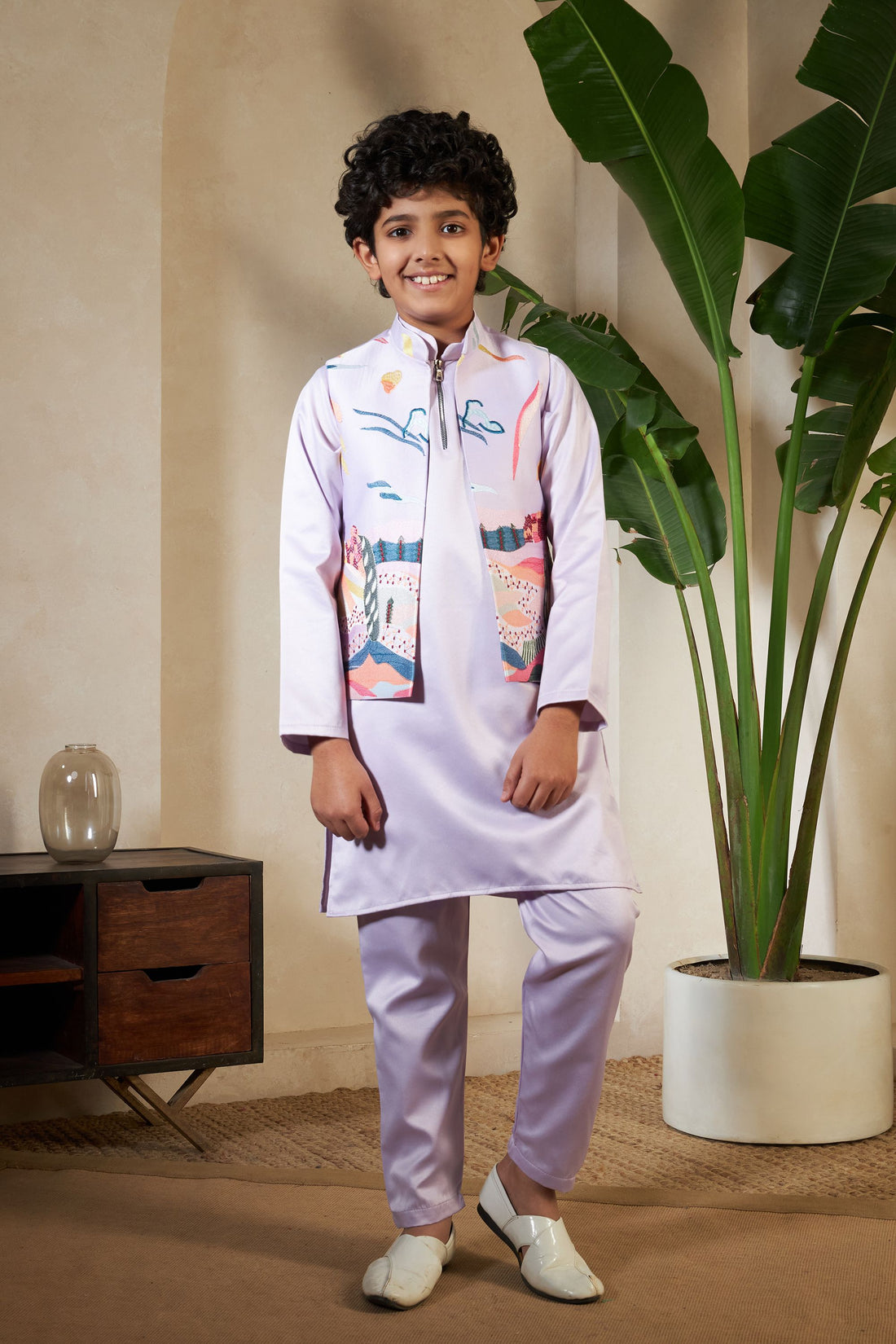 Lavender Pure Satin Silk Kids Boy Kurta Pajama With Koti Jacket 