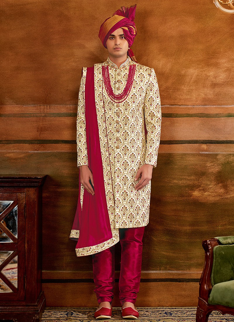 Pink and Light Gold Colour Designer Exclusive Wedding Wear Sherwani Suit D.No.1037 Anant Tex Exports Private Limited