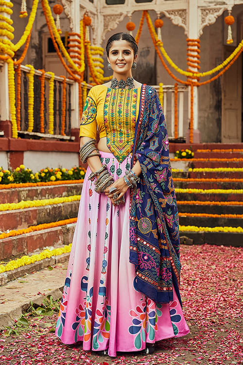 Navratri Garba Special Pink Maslin Cotton Digital Printed Mirror Pasting Chaniya Choli For Women's