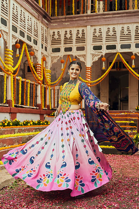 Navratri Garba Special Pink Maslin Cotton Digital Printed Mirror Pasting Chaniya Choli For Women's