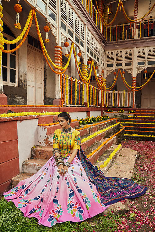Navratri Garba Special Pink Maslin Cotton Digital Printed Mirror Pasting Chaniya Choli For Women's